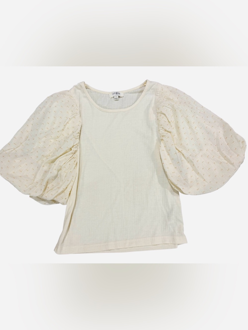 UMGEE Puff-Sleeve Ribbed Knit Boho Top in Cream Size Small